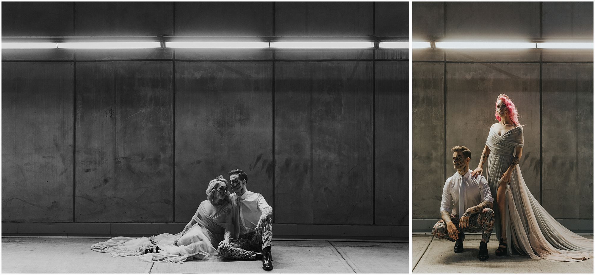 Bride and groom posing in a parkade