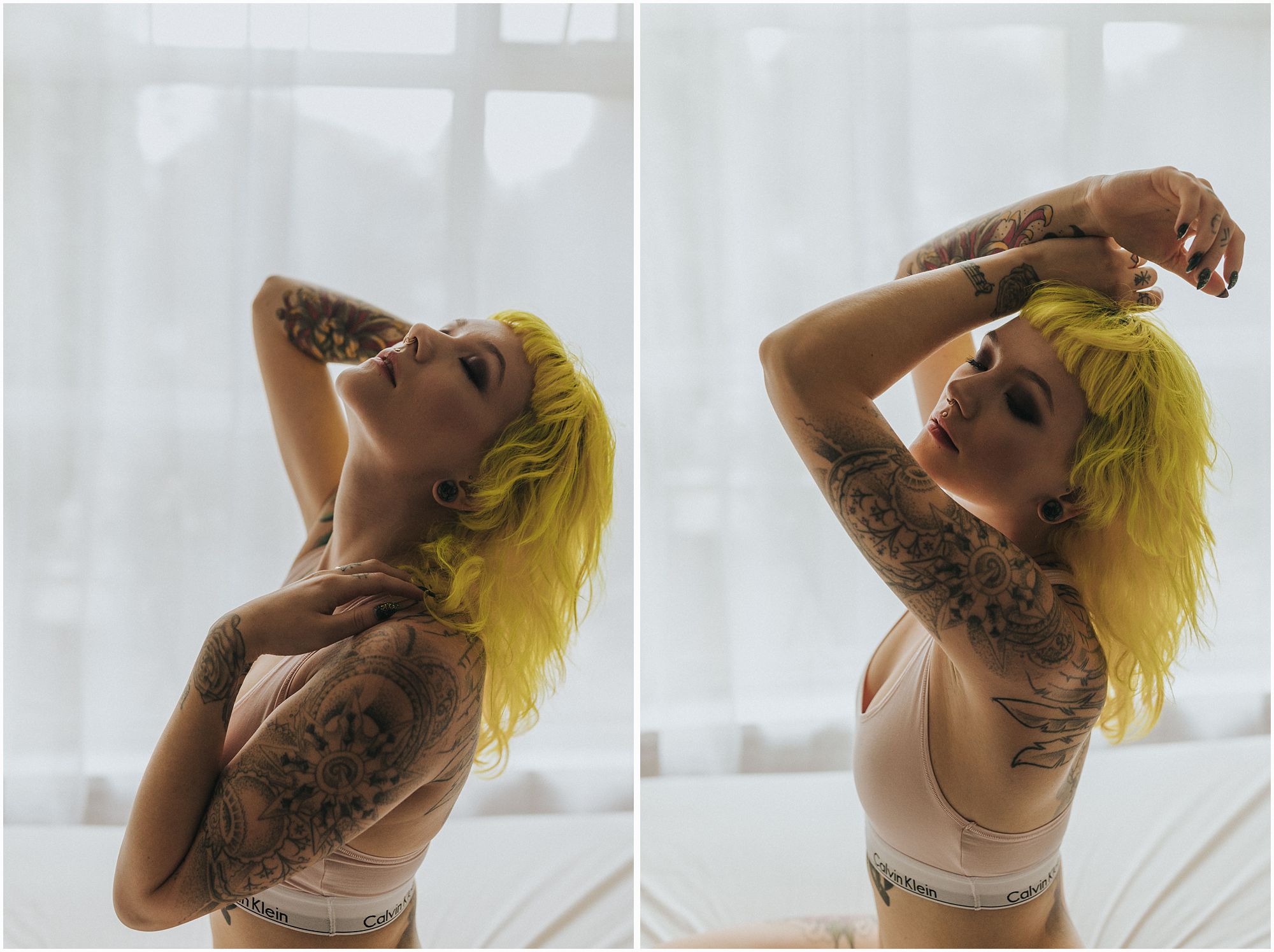alternative model with tattoos and bright yellow hair shows off poses during shoot with vancouver boudoir photographer