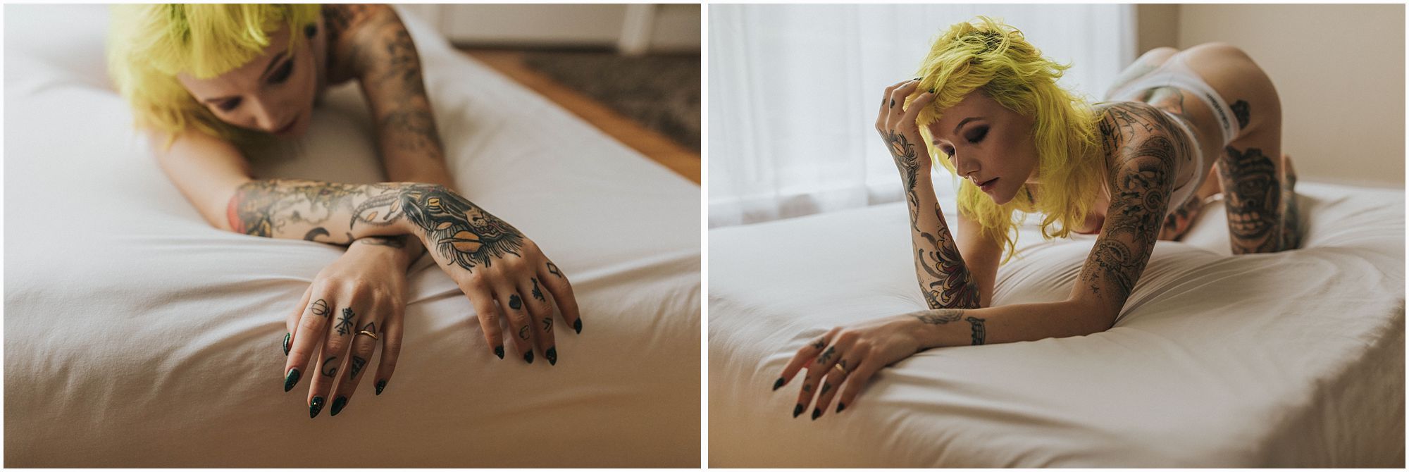alternative model with bright yellow hair shows off tattoos in boudoir shoot with vancouver boudoir photographer