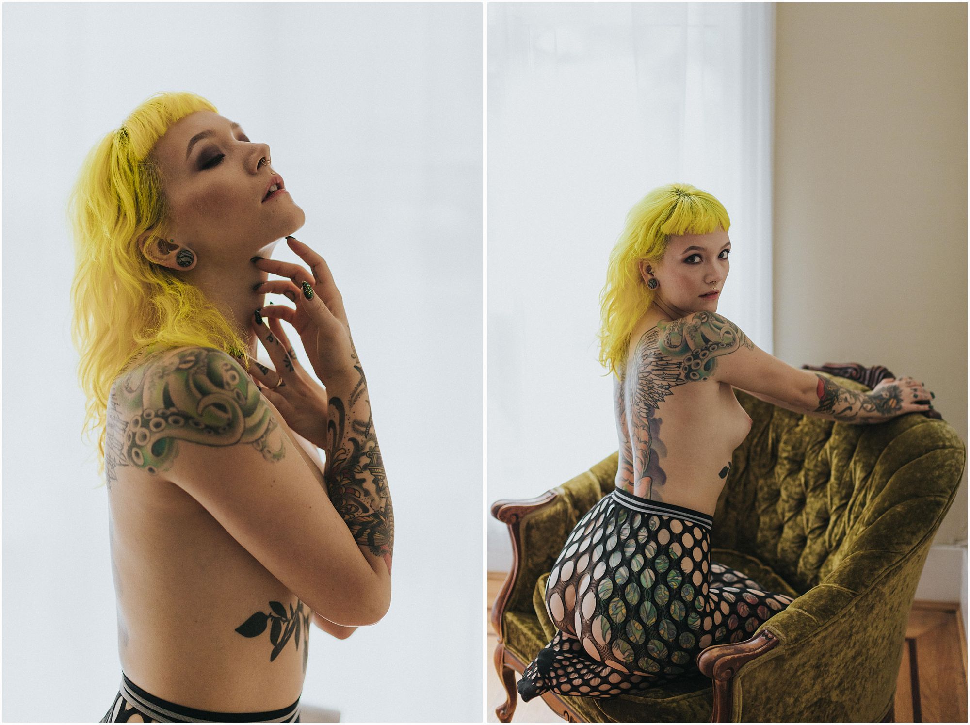 alternative model poses on chair during boudoir photo shoot with vancouver boudoir photographer