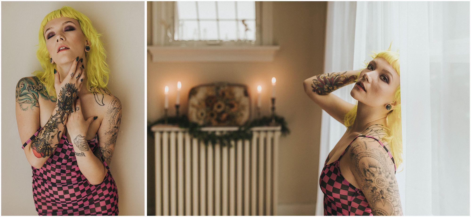 vancouver boudoir photographer photographs beautiful edgy model posing with pink and black checkered dress