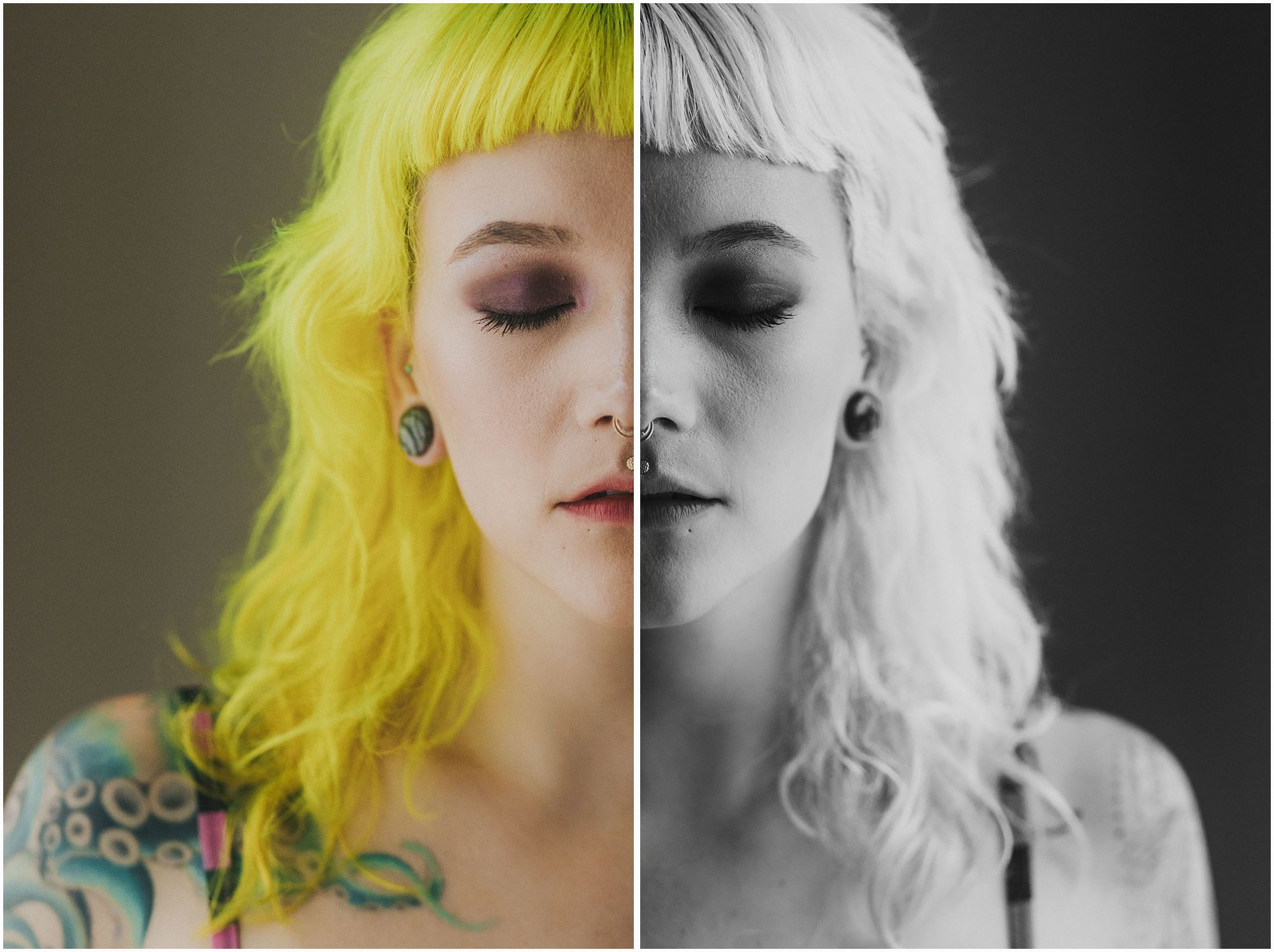 alternative model with bright yellow hair and medusa piercing shot by vancouver boudoir photographer