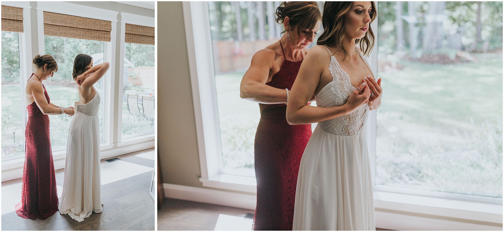 bride and her mom putting on wedding dress 