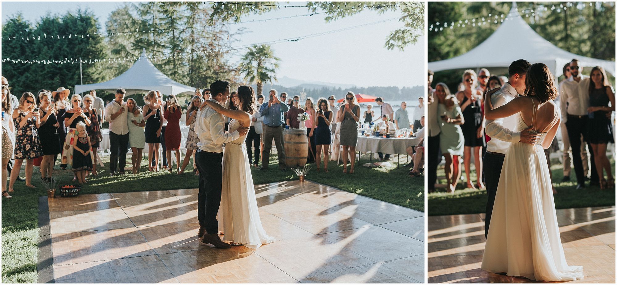 bride and groom first dance at backyard wedding