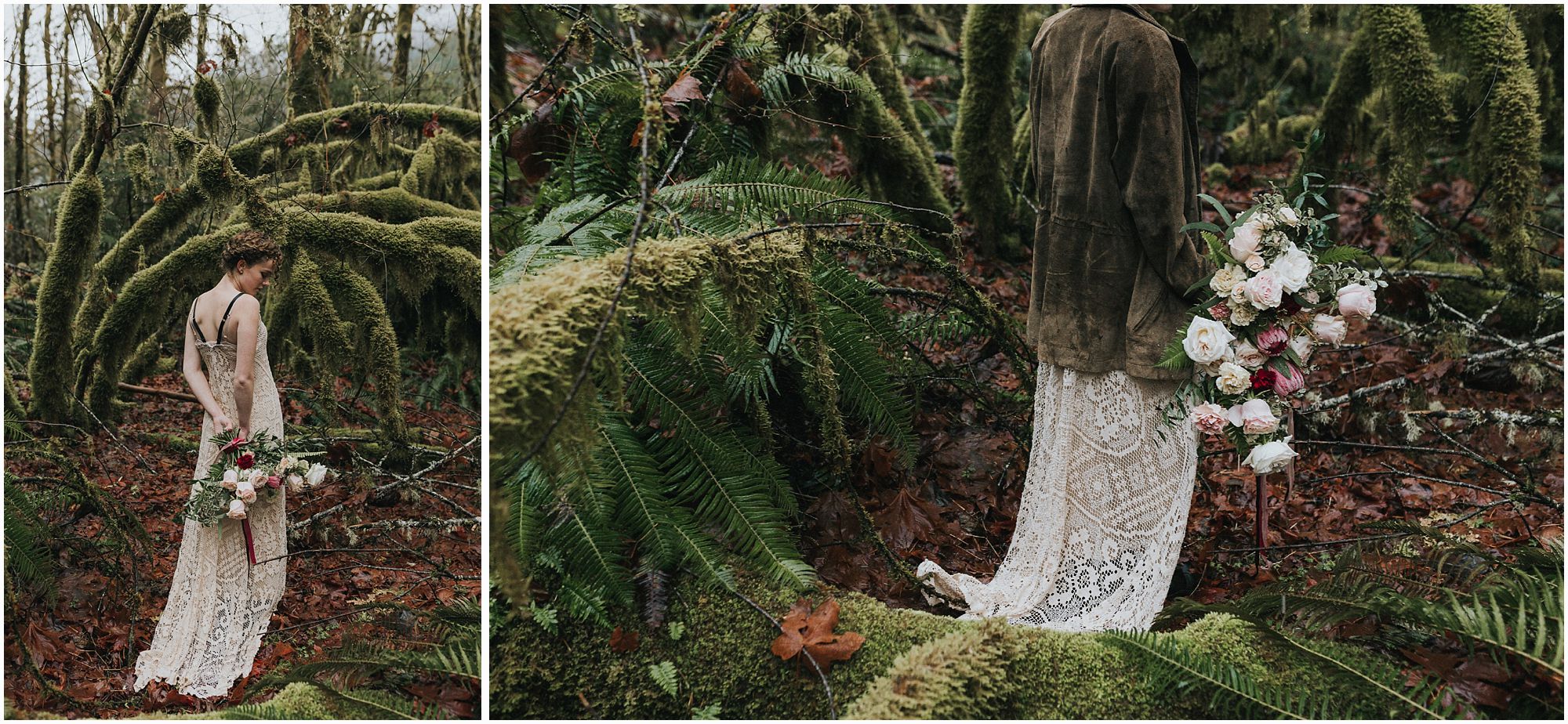 adventurous bride walking through forest with beautiful bouquet